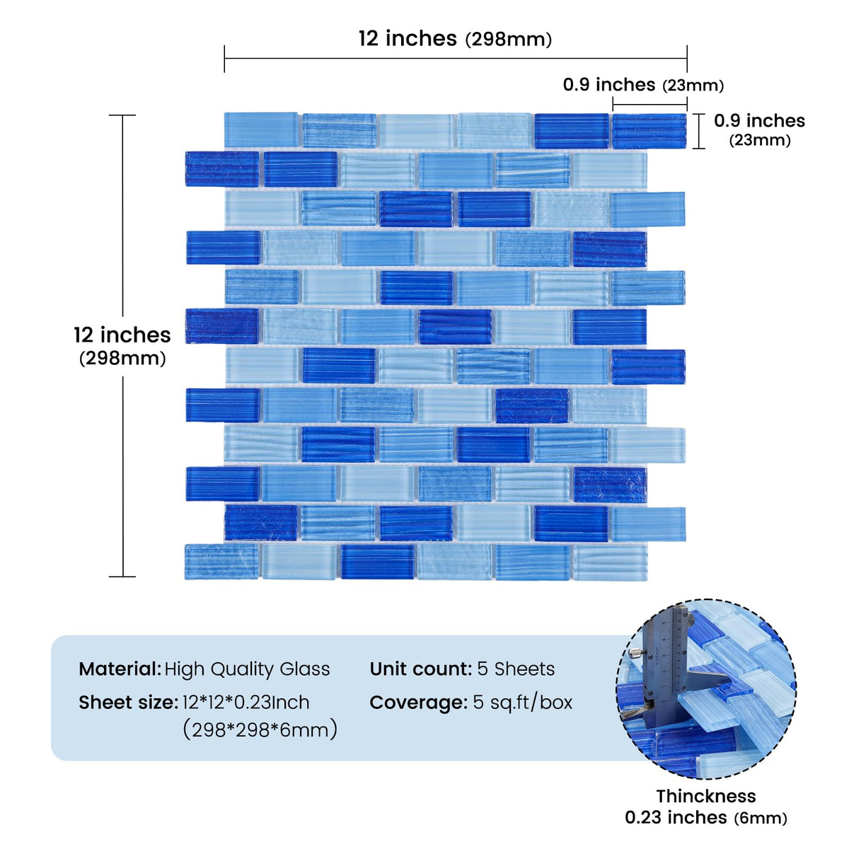 Glass Tile Mosaic Backsplash Mixed Blue 12 x 12 Inch Glossy Pool Glass Tile Square Mosaic Tiles for Swimming Kitchen