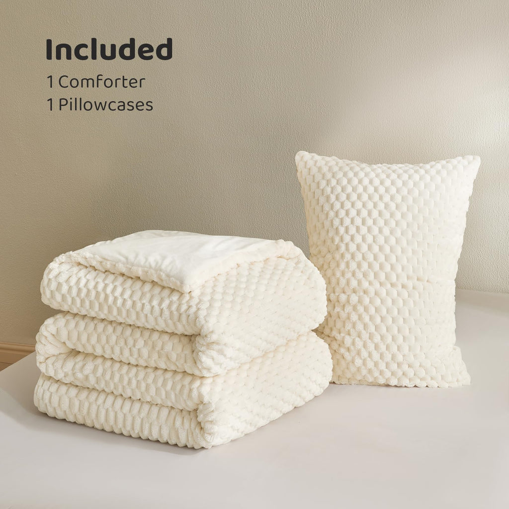 Fluffy Comforter Set - Ultra-Soft Cream White Flannel Thick Comforter for Bed, Luxury Warm Bedding Set for
