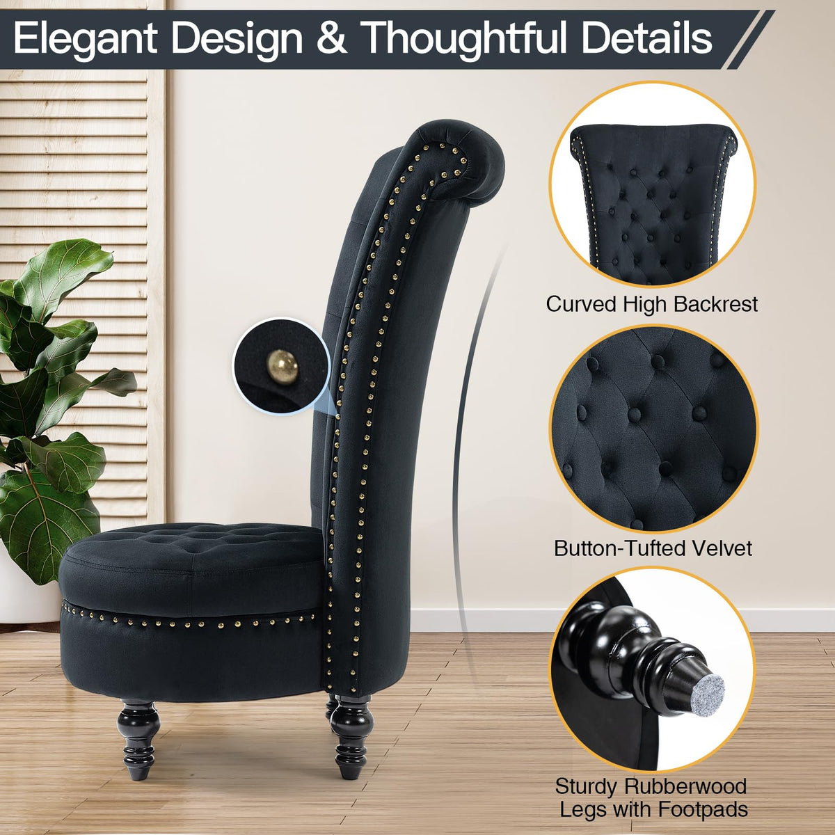 High Back Throne Chair with Storage, Black Velvet Royal Accent Chair