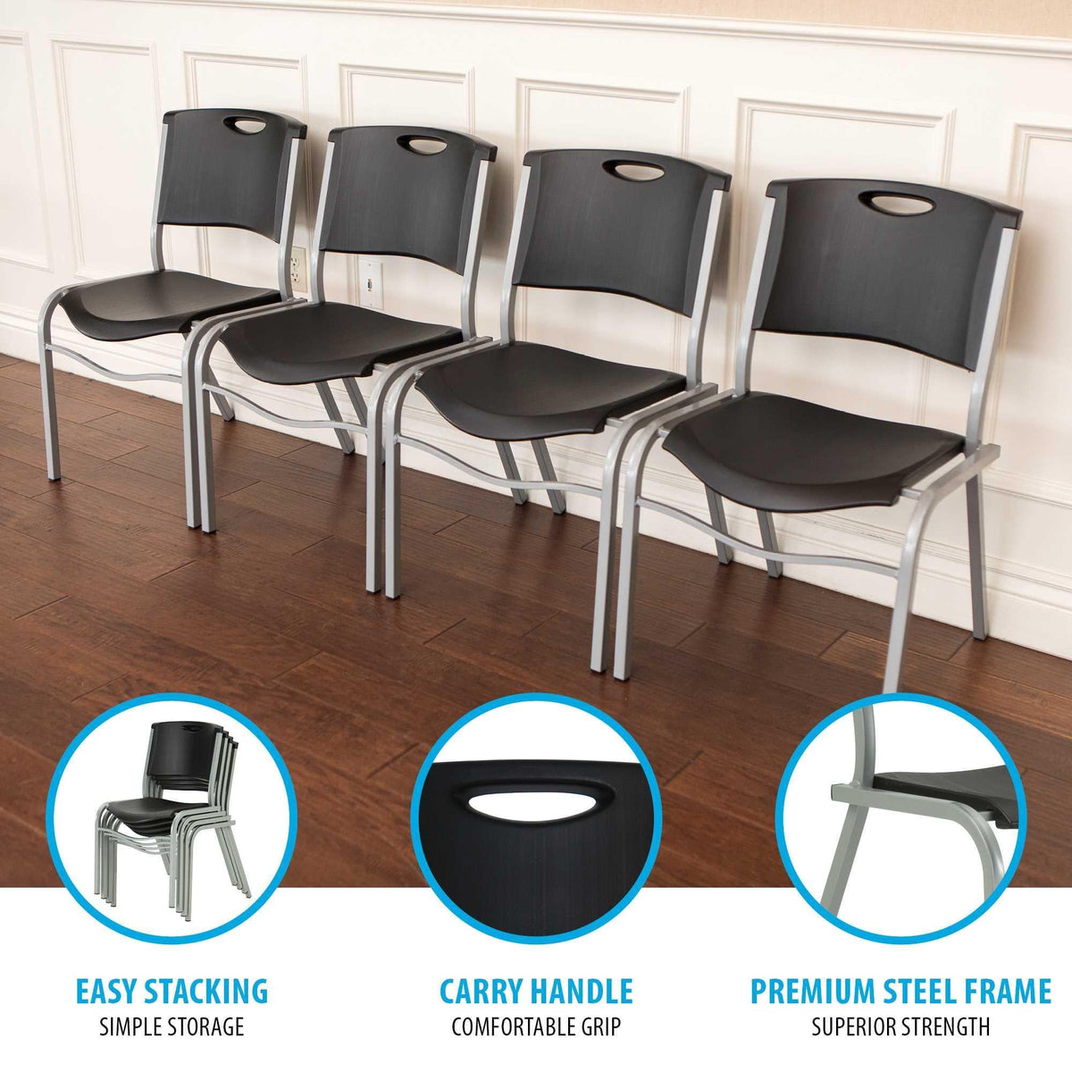 Stacking Chair, Black with Silver Steel Frame, 4 Pack