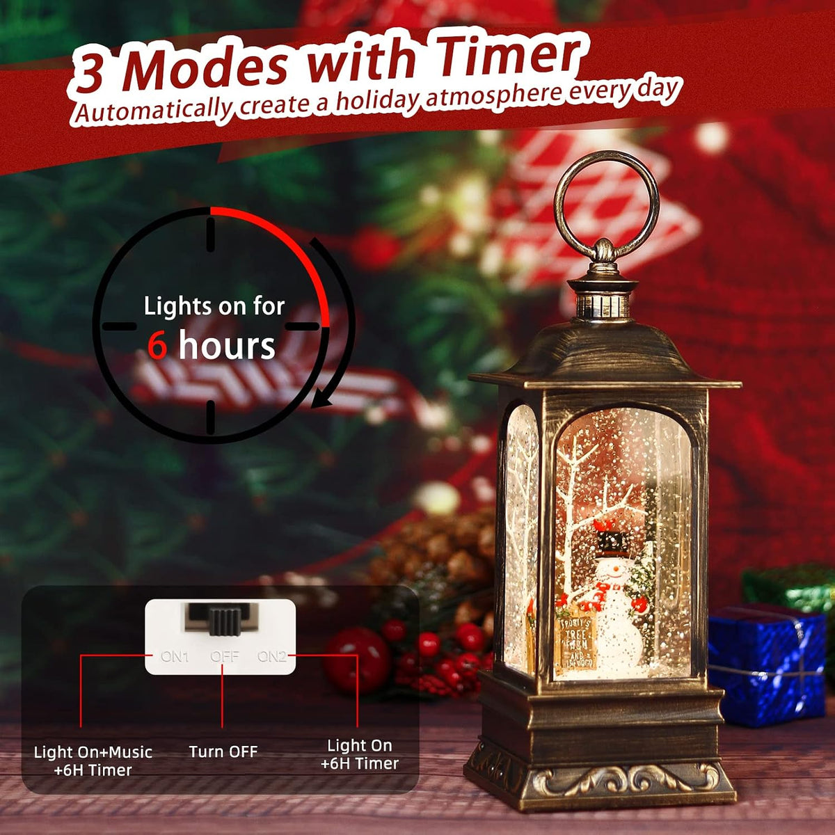 Christmas Snow Globe Lantern, Musical Snow Globe with Swirling Glitter, Battery Powered, Christmas Decorations Indoor