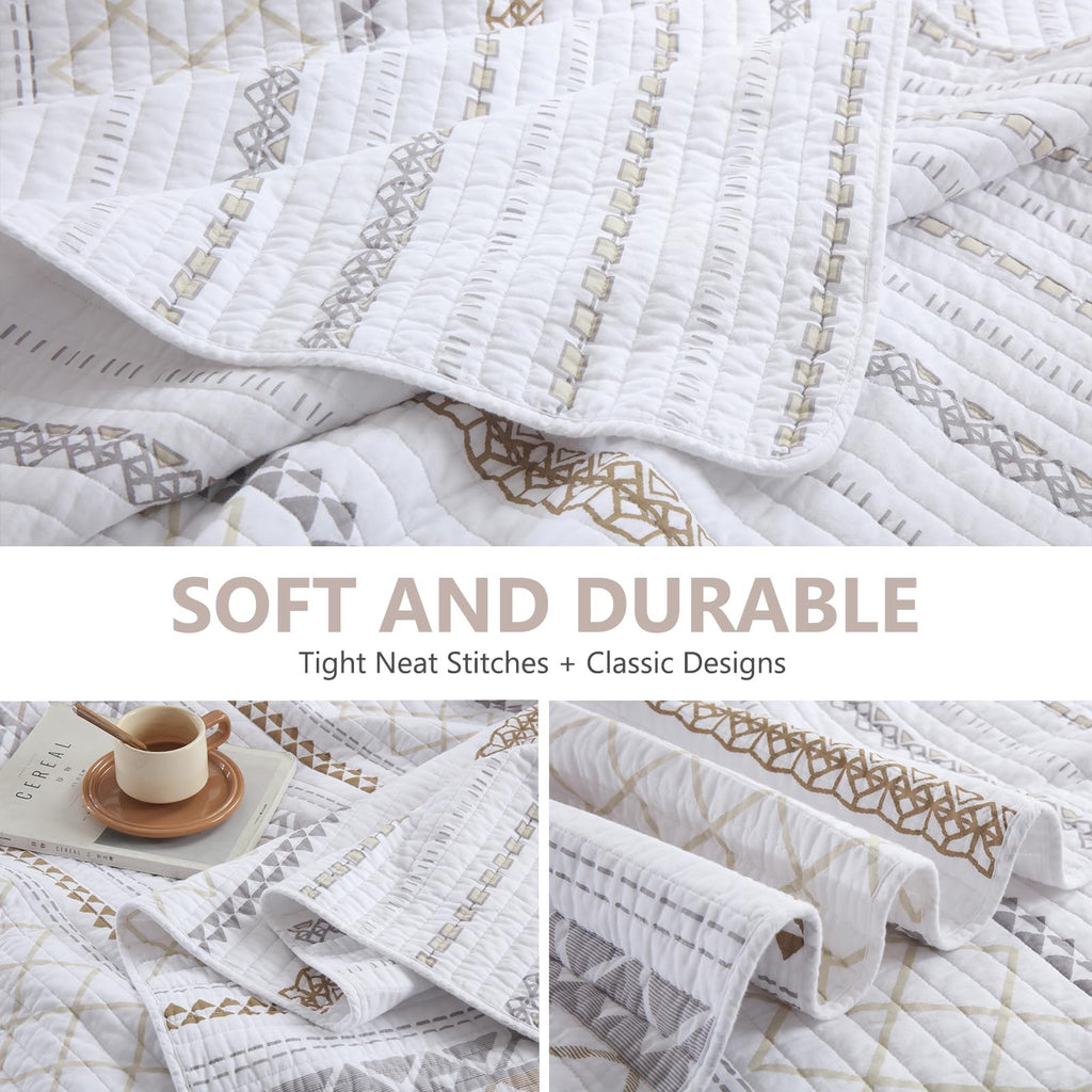 Quilt, 100% Cotton Quilt Bedding Set, Reversible Boho Striped Bedspreads Lightweight Comforter