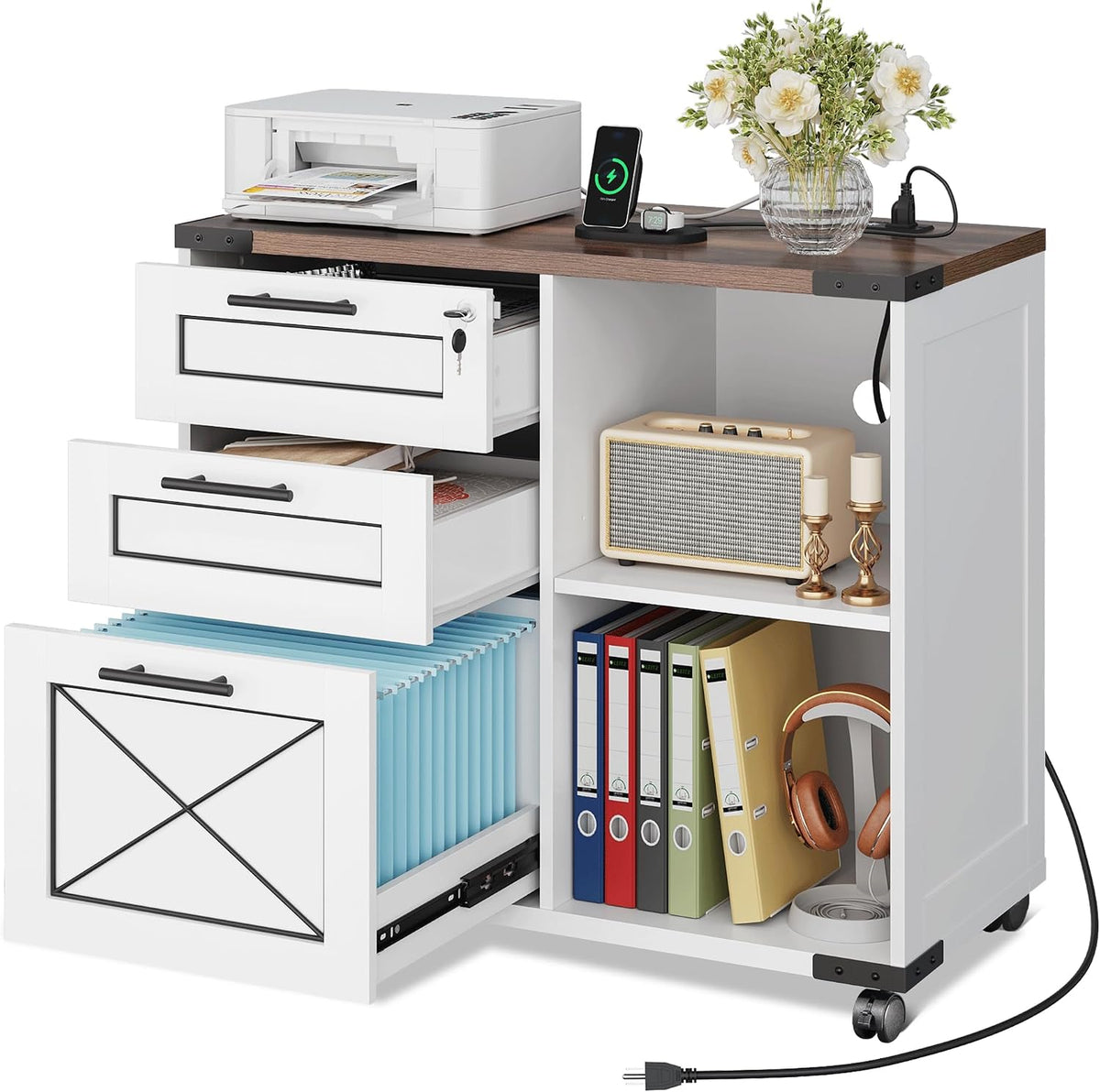 Wood File Cabinet with Charging Station,White | Mobile Lateral Filing Cabinet, Lock, Home Office, Printer Stand, Open