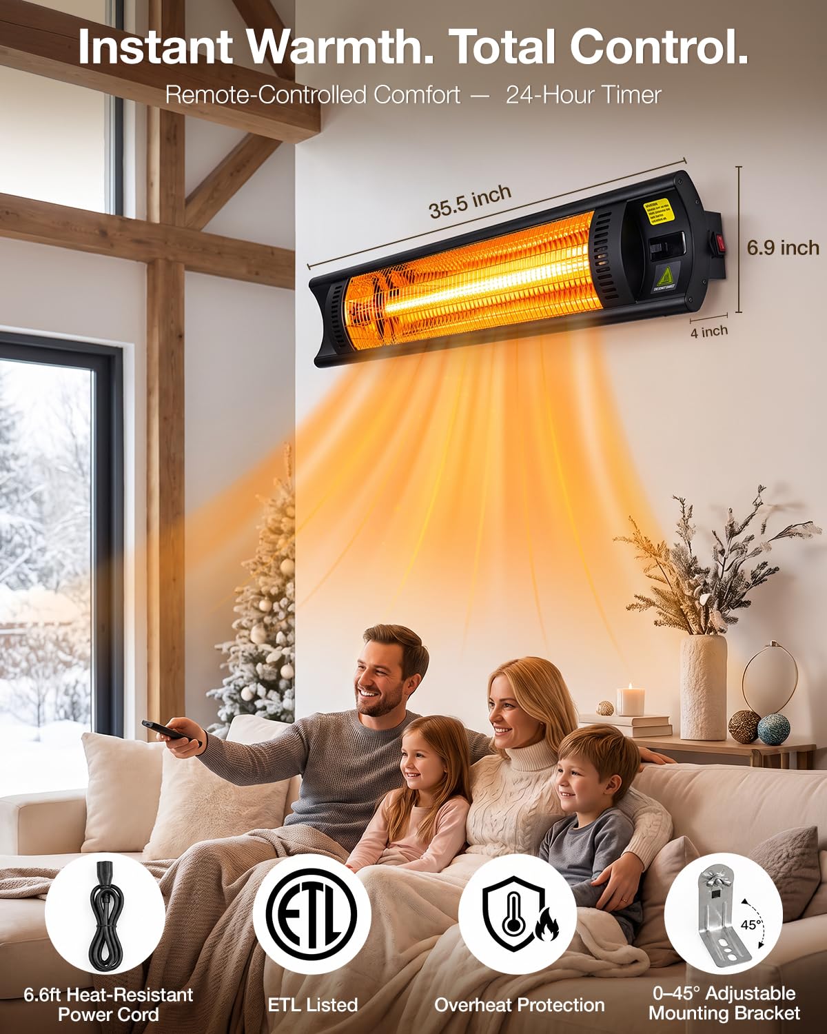 35.5" Electric Patio Heater, 1500W Infrared Wall/Ceiling Mount with Remote, 24H Timer, IP55 Weatherproof for Garage