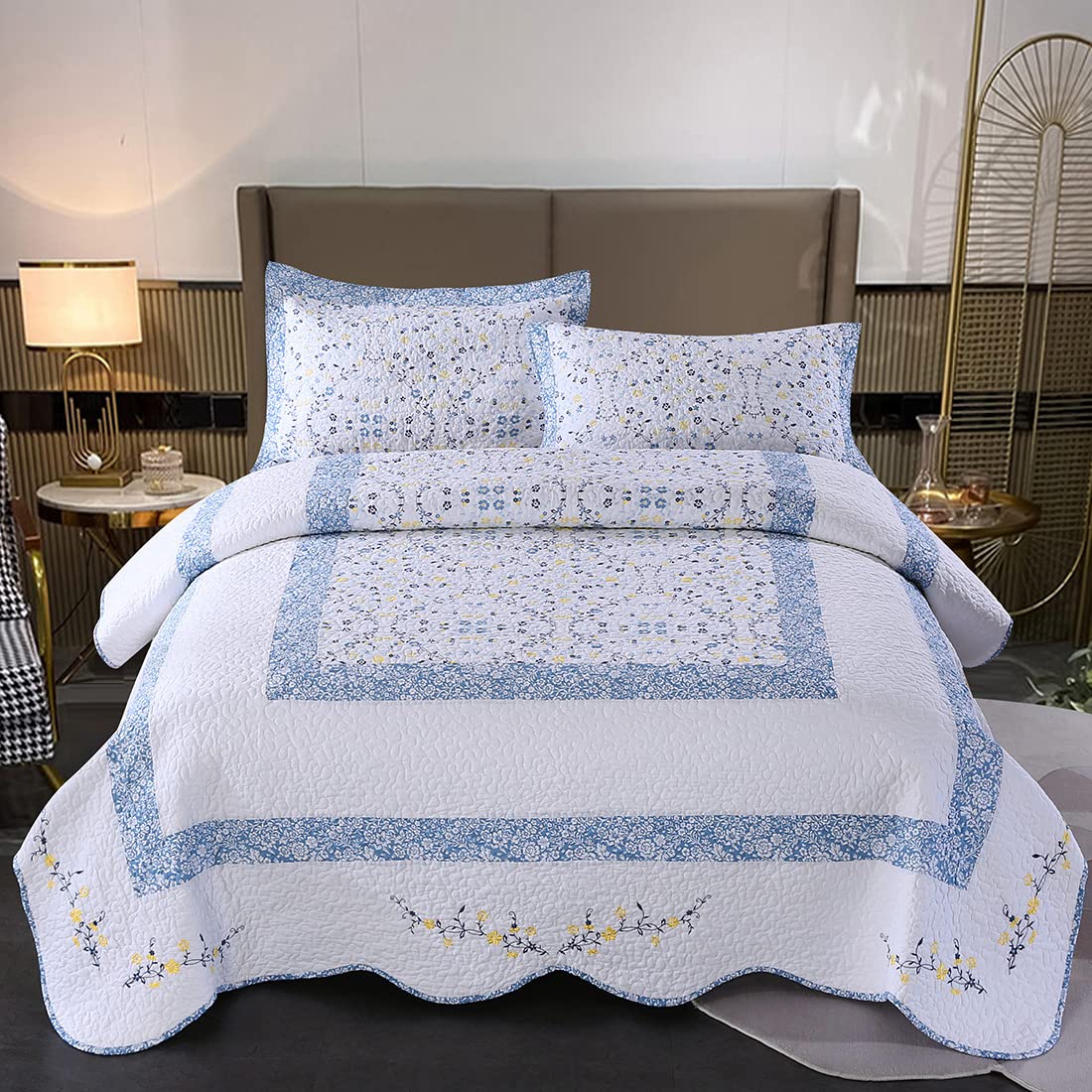 3 Pieces Cotton Quilted Embroidered Bedspread Set Oversized Lightweight Reversible Coverlet Comforter Soft Warm