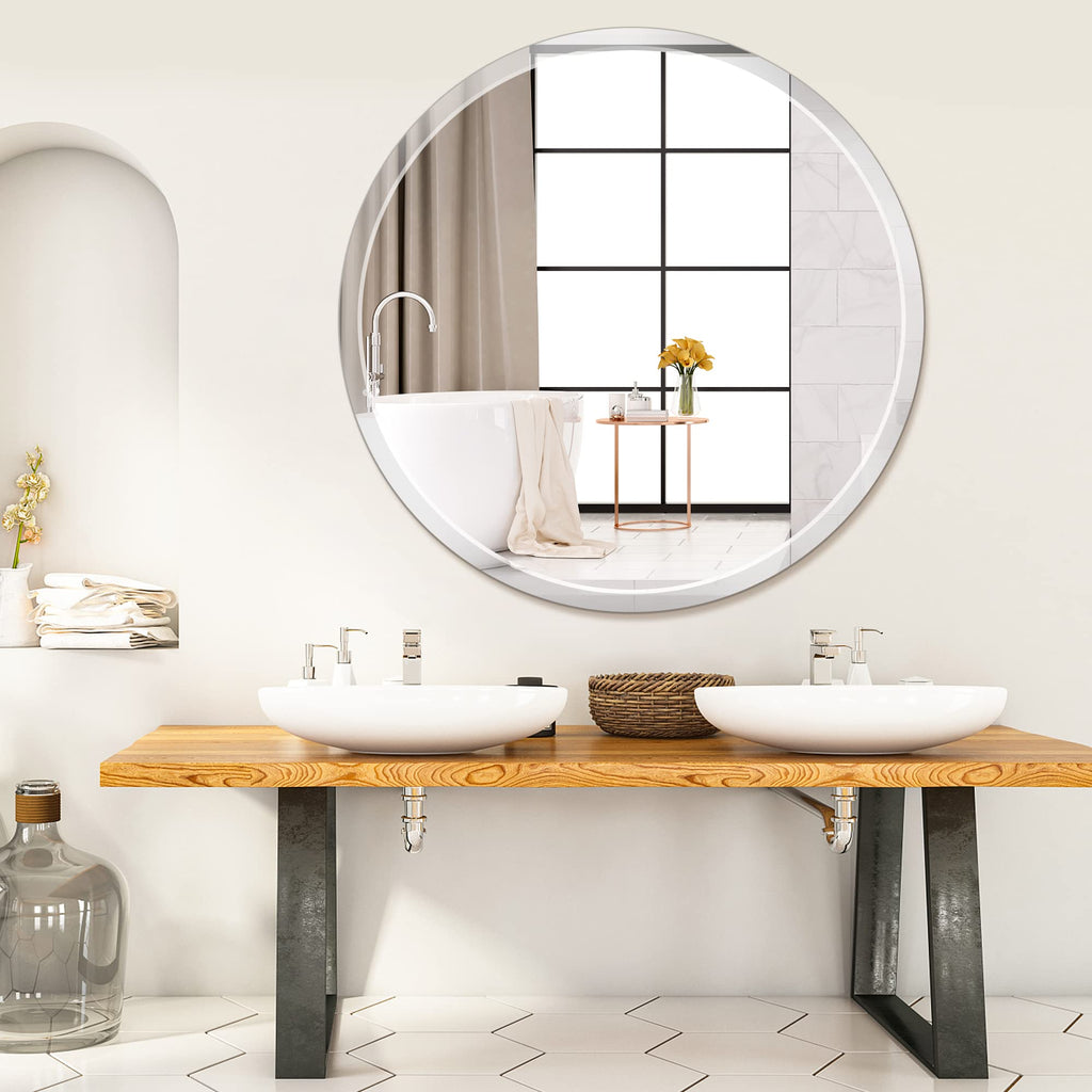 Round Frameless Wall Mirror, 36 Inch, HD Float Glass, Beveled Edge