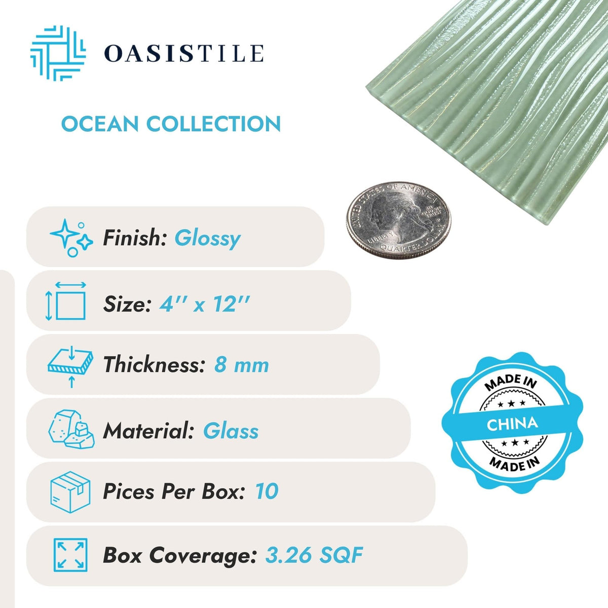 Oasis Tile Ocean Spray Green Wave | 4x12 Glossy Glass Subway Tile