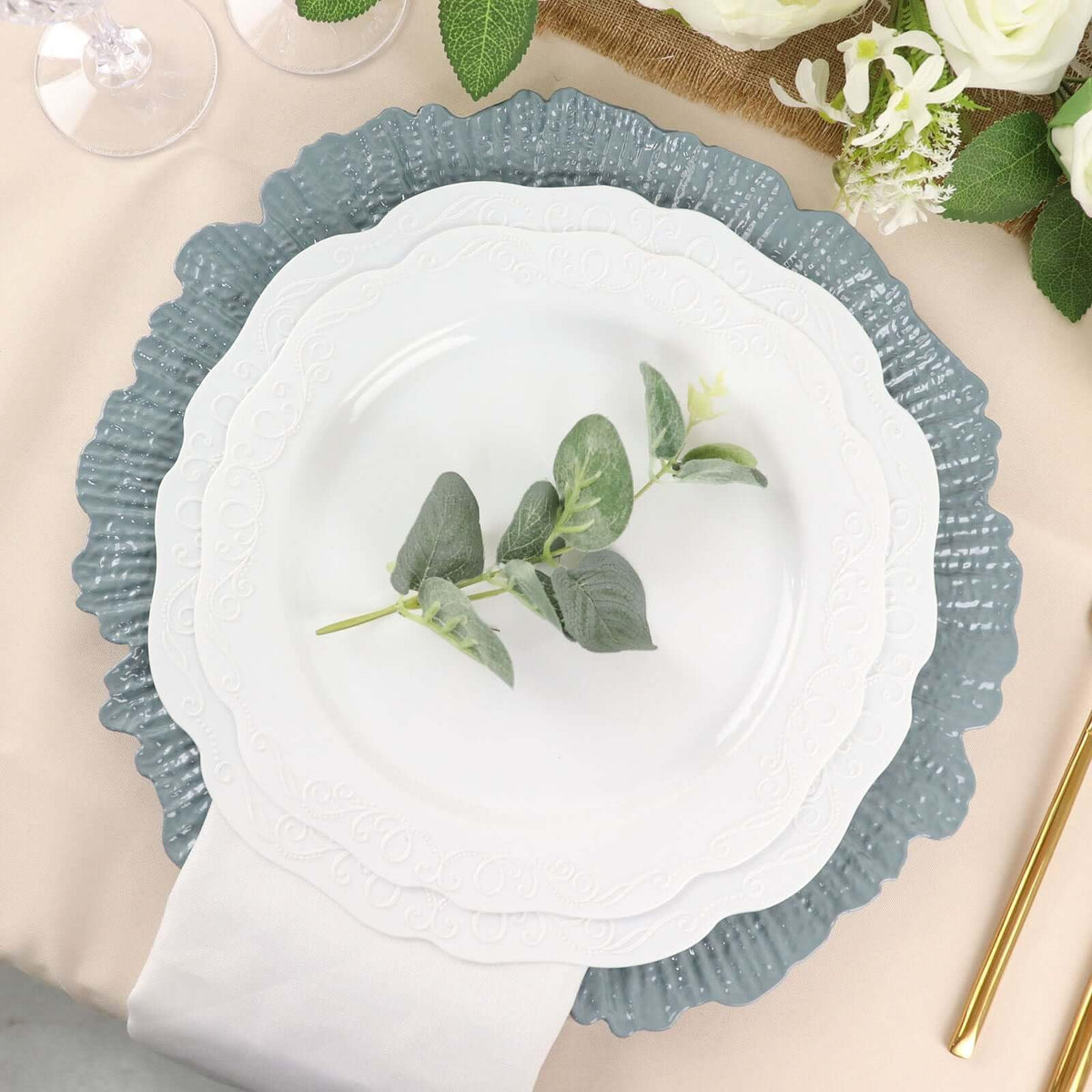 12-Pack 13" Dusty Blue Reef Charger Plates; Bulk Set Scalloped Sunburst Underplates for Large Scale Coastal Weddings