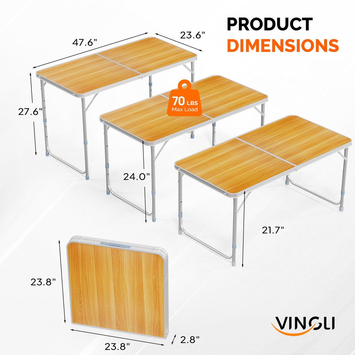 4FT White Folding Table with Carrying Handle Height Adjustable Lightweight Fold Up Portable for Indoor Outdoor