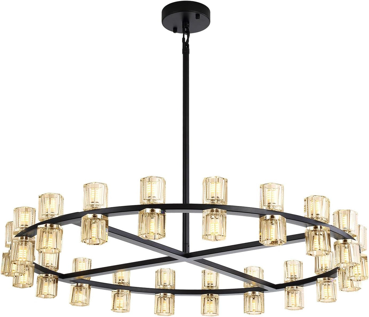 40" 40-Light Black Modern Farmhouse Crystal Wagon Wheel Chandelier