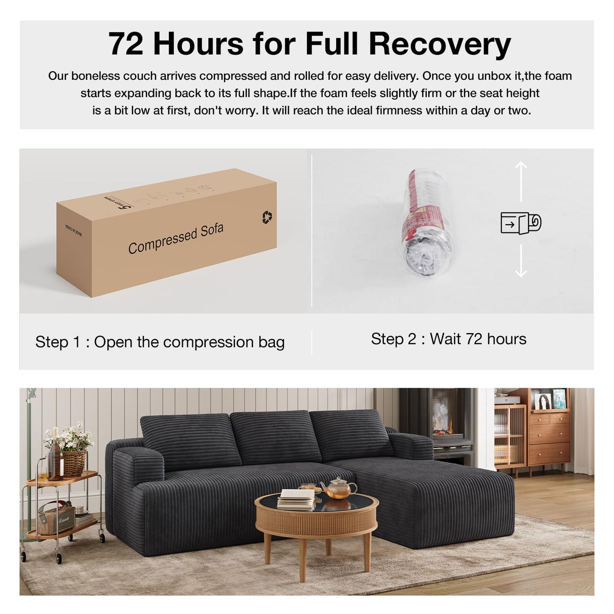 144'' L-Shape Boneless Couches, Corduroy Dark Grey
