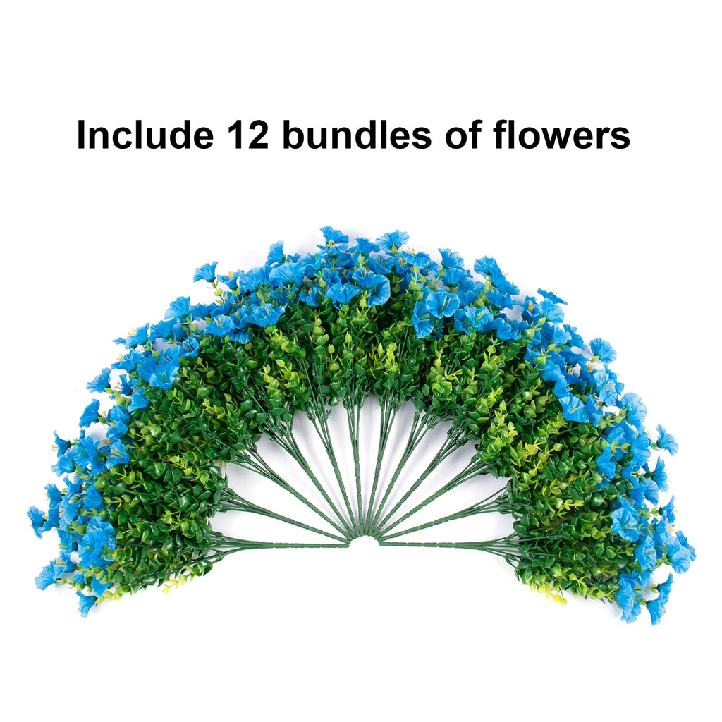 Artificial Fake Outdoor Flowers Plants for Spring Summer Decor, 12 Bundles Outside Silk Blue Morning Glory UV