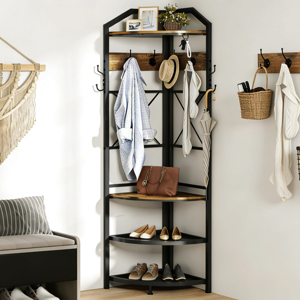 Corner Coat Rack with Storage, Entryway Corner Hall Tree with Shoe Bench and 10 Metal Hooks, Farmhouse Clothes Rack