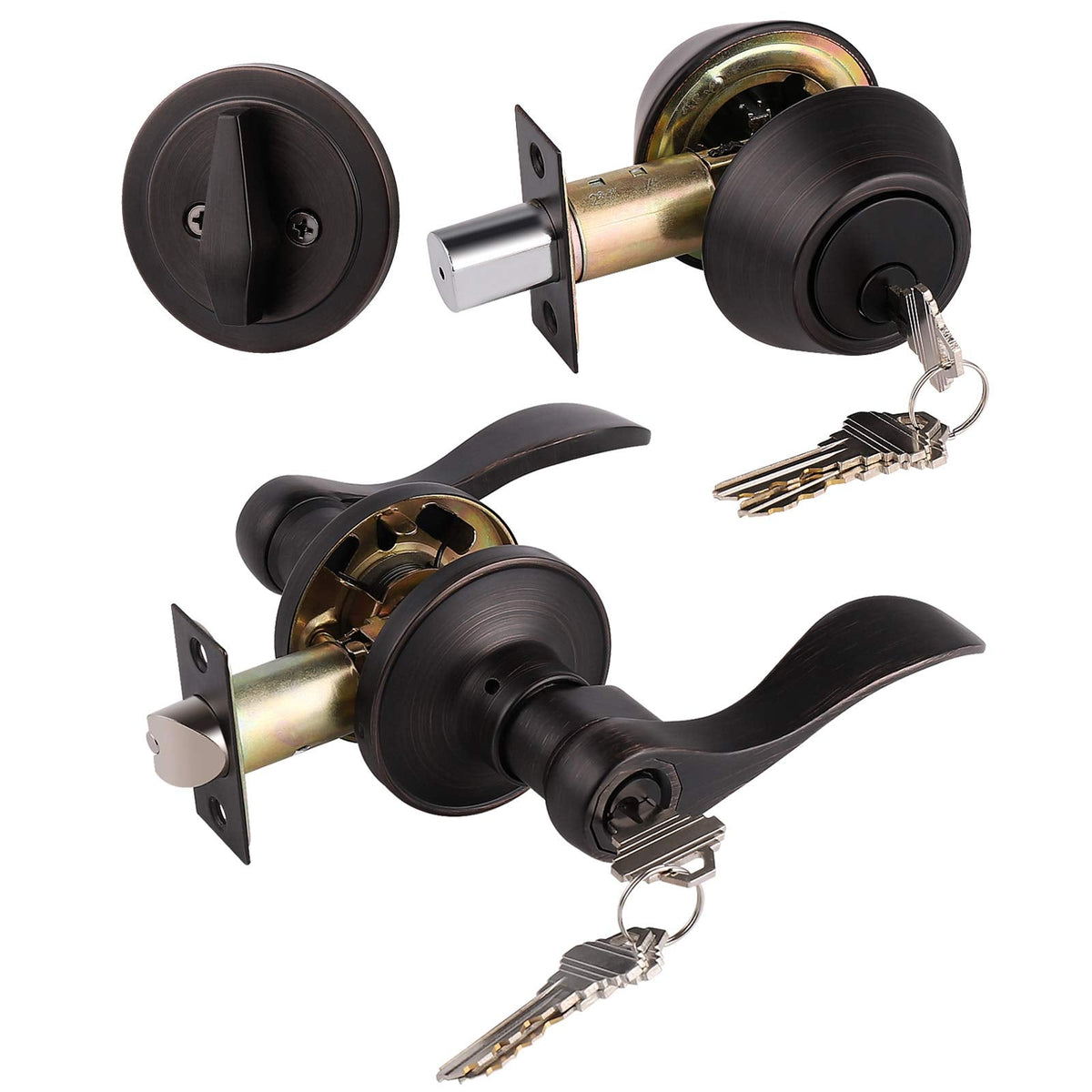 Front/Exterior Door Lever Lockset with Single Cylinder Deadbolt, 1 Pack Keyed Alike Oil Rubbed Bronze Combination
