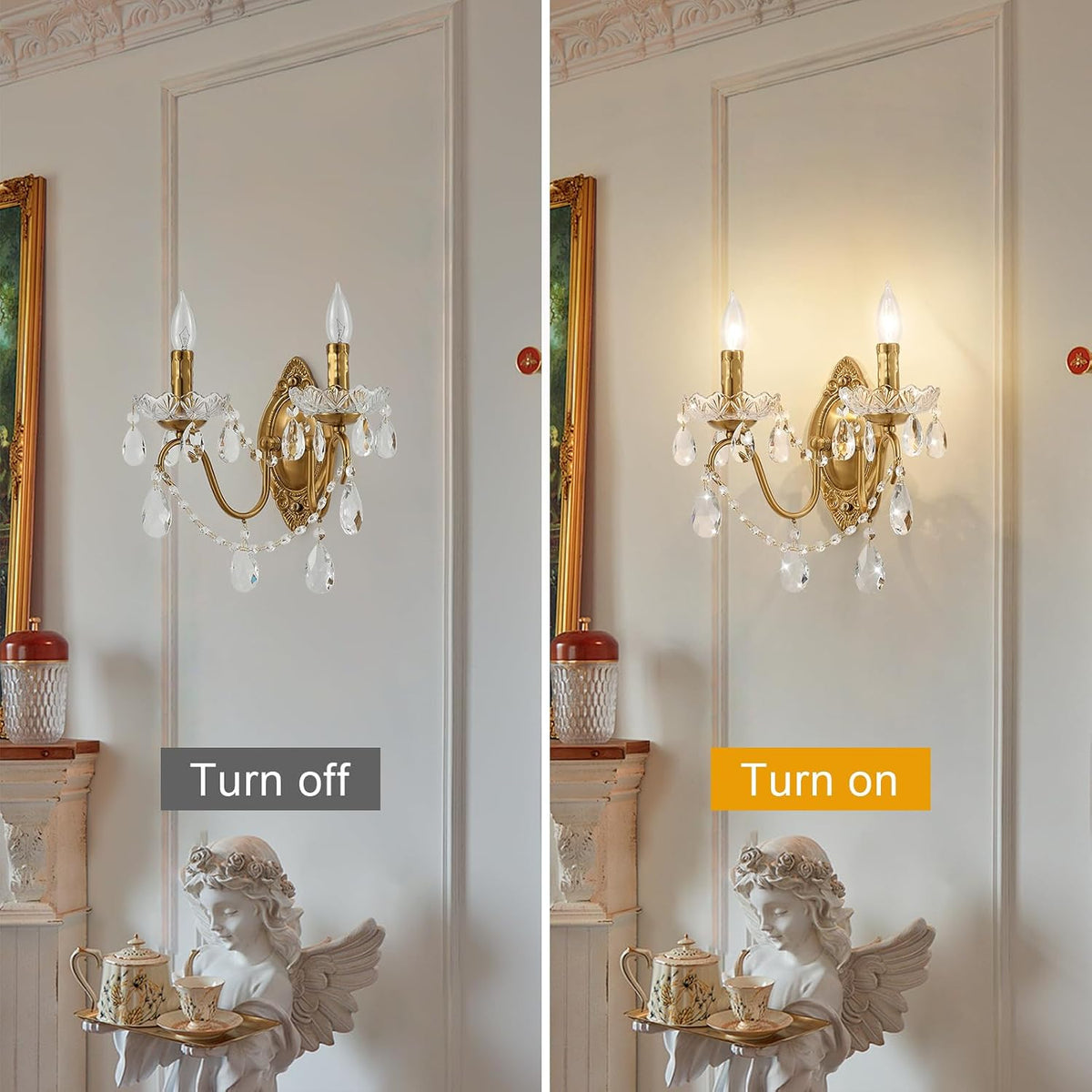 Crystal Wall Sconce Set of 2, Crystal wall sconces, Vintage wall sconces, Gold Brass Finish with Glass Drops, for Bedroom Living Room Bathroom Vanity Mirror Light Fixtures