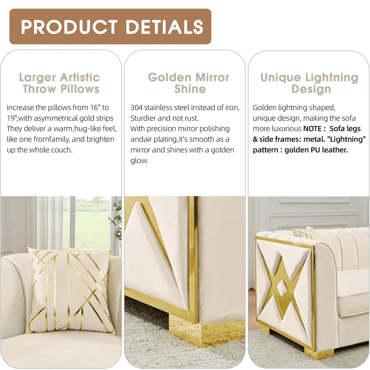 2 Piece Mid Century Modern Chesterfield Sofa Set, Tufted 2 Piece Couch Sets with Gold Stainless Steel Accents Luxury