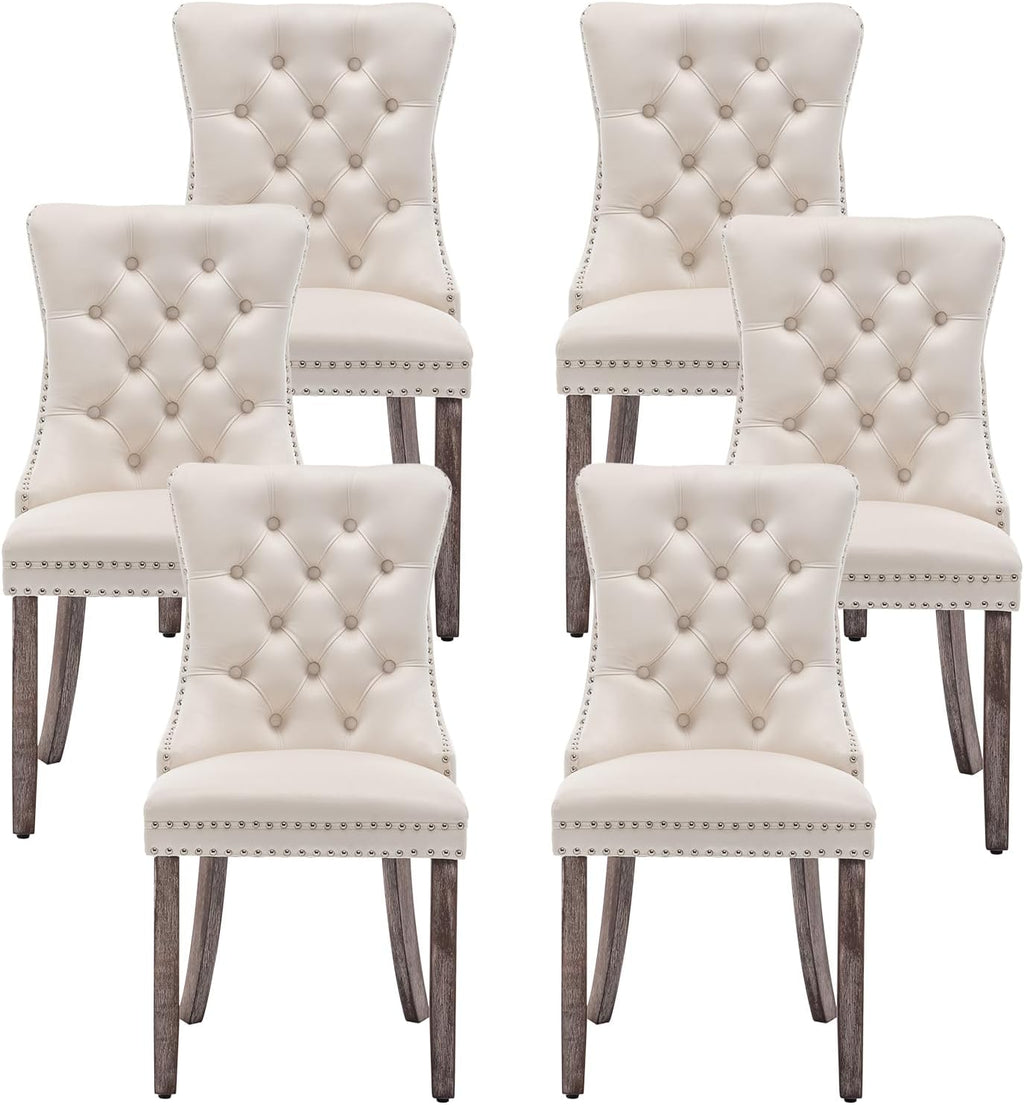 Velvet Dining Chairs Set of 6, Upholstered Tufted Dining Room Chairs with Ring Pull and Nailhead Trim for Kitchen, Living Room or Bedroom, Beige