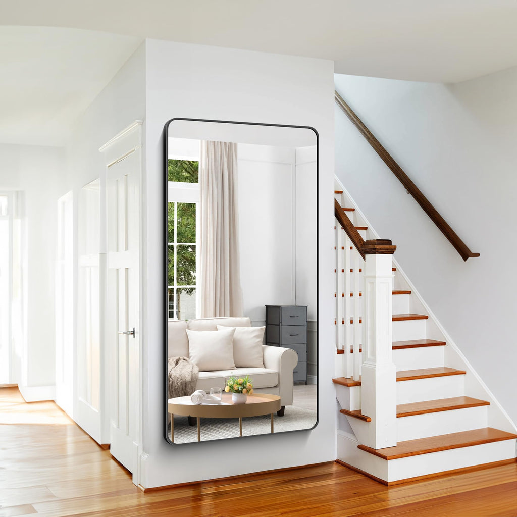 Large Bathroom Mirror 72x36 inch, Black Rectangle Mirrors with Metal Frame, Rounded Corner Rectangular Mirror