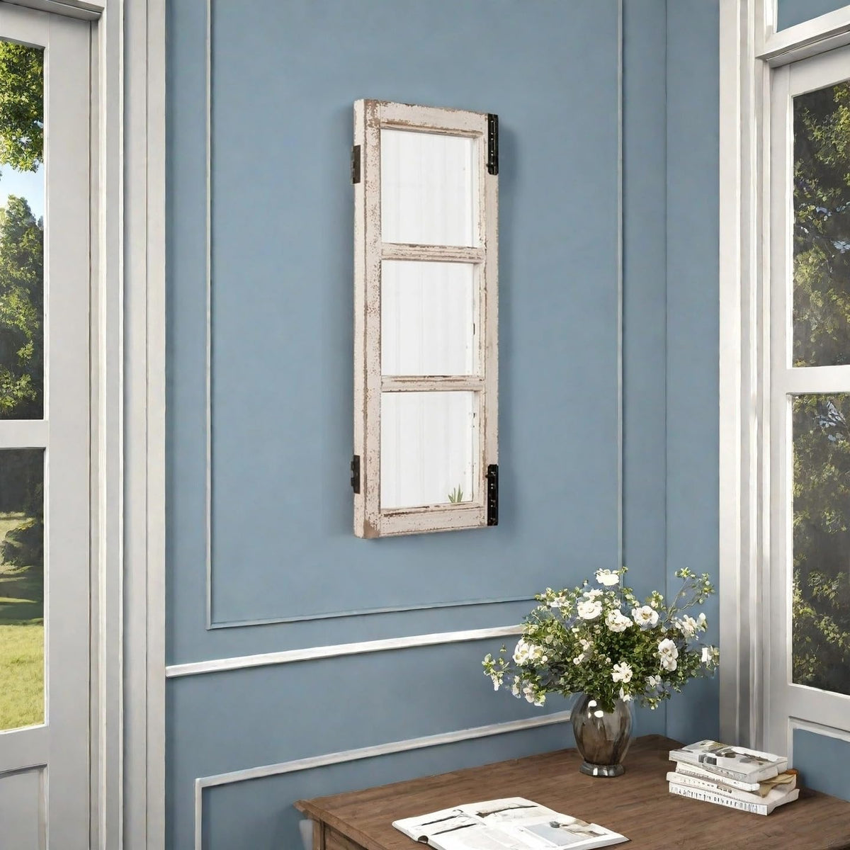 Farmhouse Wood Frame Window Mirror 14" x 33", Distressed White