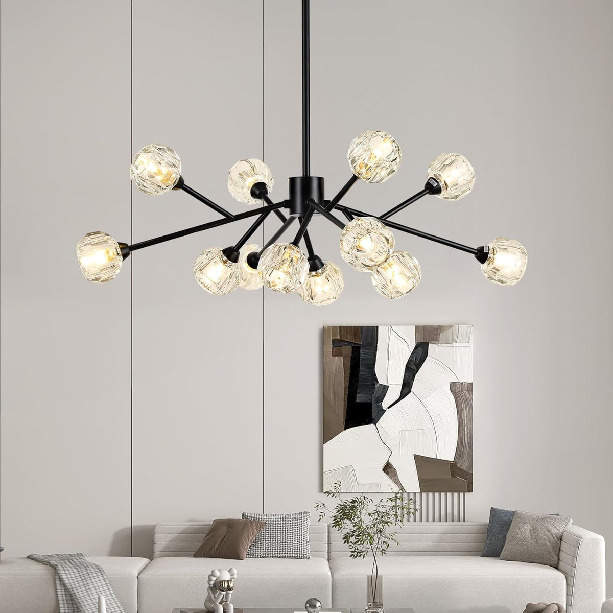 Sputnik Chandeliers for Dining Room Light Fixture Over Table, Modern Crystal Chandeliers, 12 Lights Black Lighting Fixtures for Living Room Bedroom Kitchen Island Bar