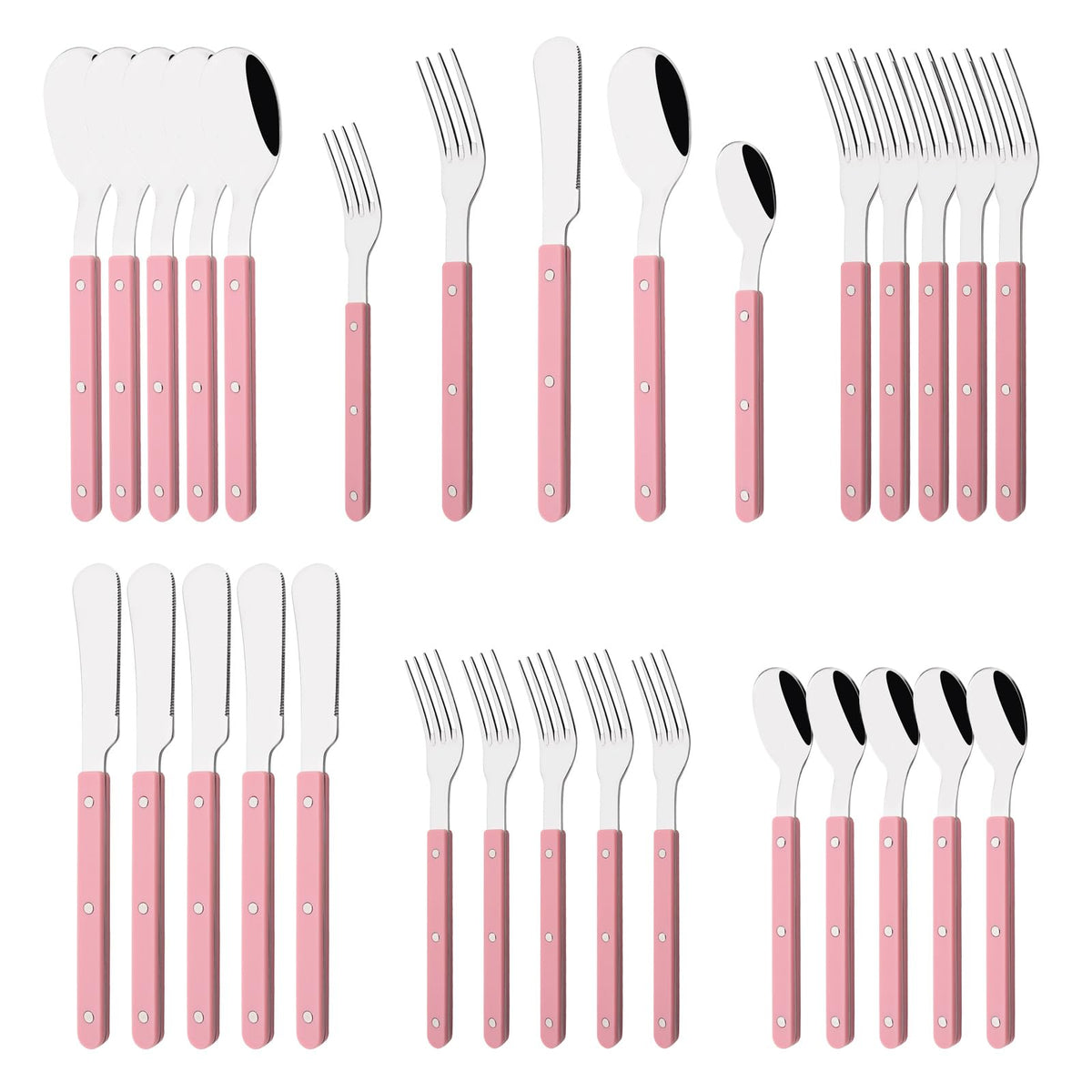 30 PCS Stainless Steel Flatware Set for 6, Silverware Set with Colored Handles, Retro Style Forks Spoons and Knives