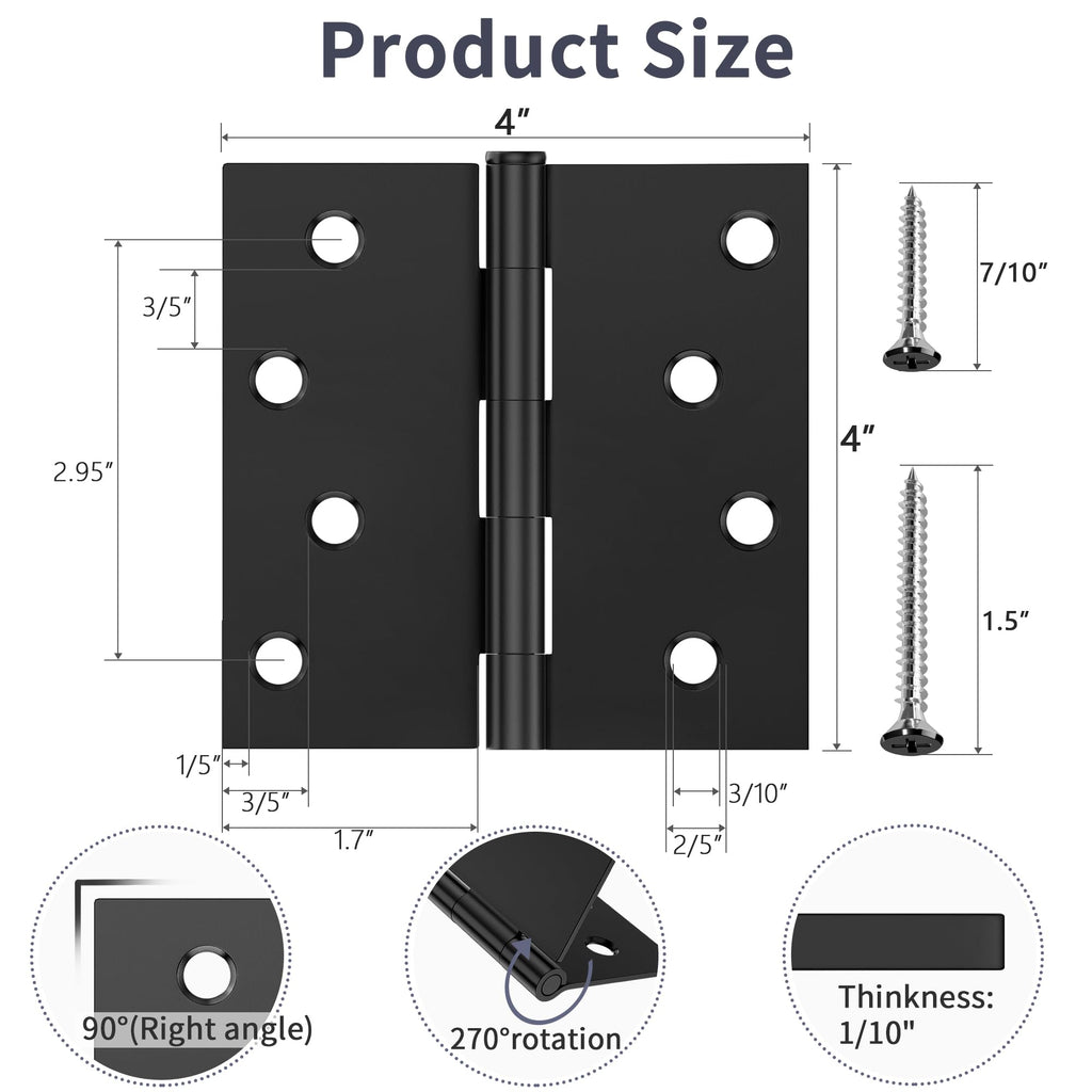 3 Pack Matte Black Door Hinges 4 Inch, Exterior Door Hinges Square Corners