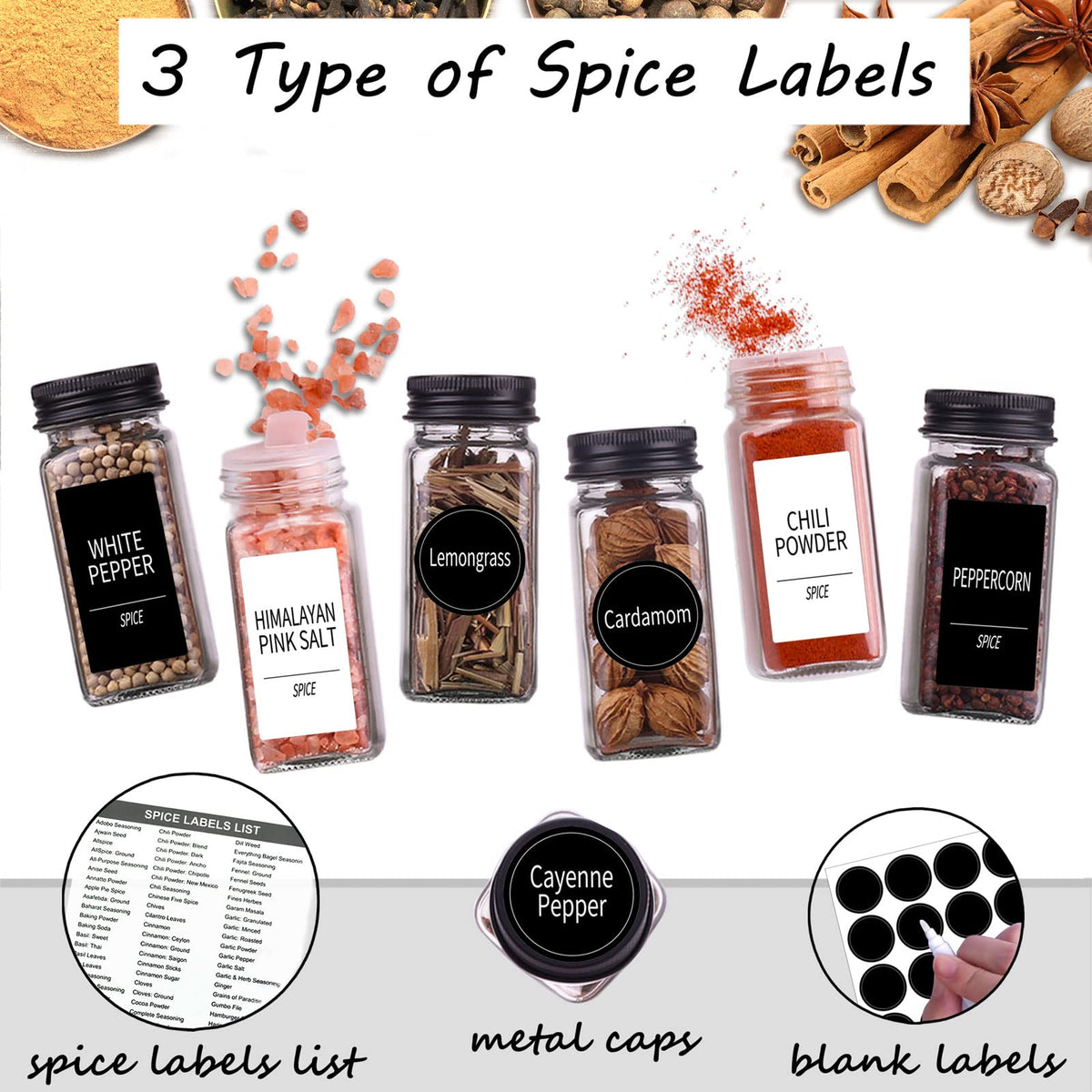 36 Pack Glass Spice Jars with Labels, 4oz Spice Containers