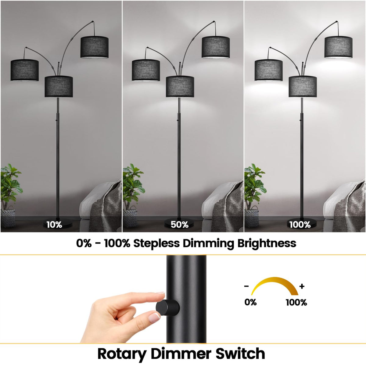 Dimmable Floor Lamp - 3 Lights Arc Floor Lamps, 1000LM Modern Tall Standing Lamp With Black Shades & Heavy Base, Mid