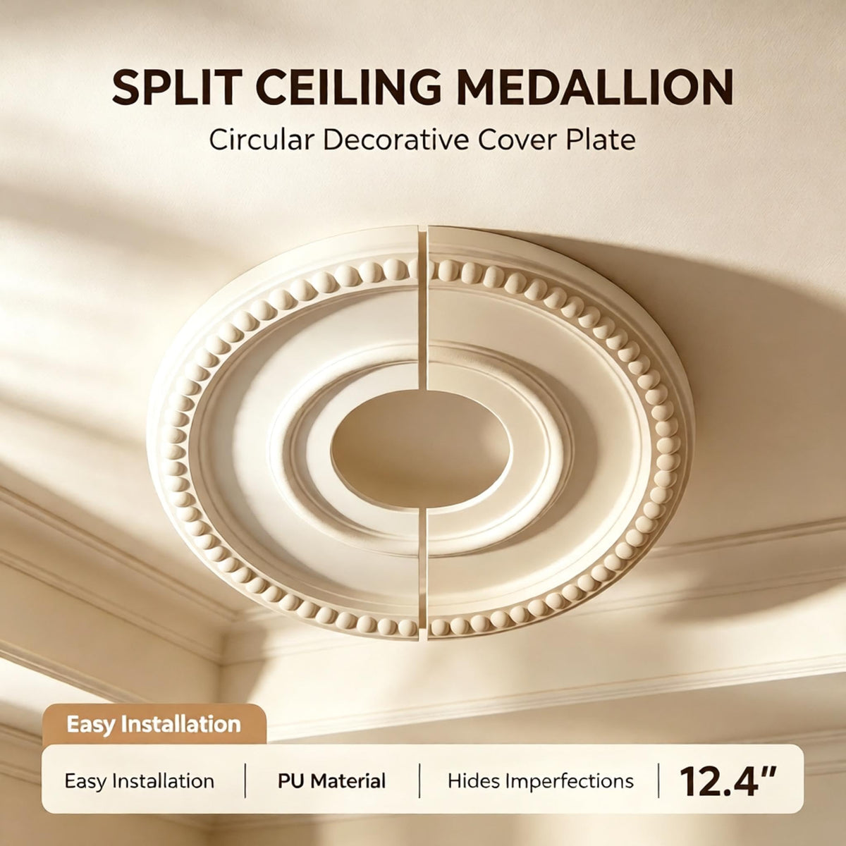 Molded Split Ceiling Medallion for Light Fixtures and Ceiling Fans, 12.4"OD 3.94"ID | Covering up messy