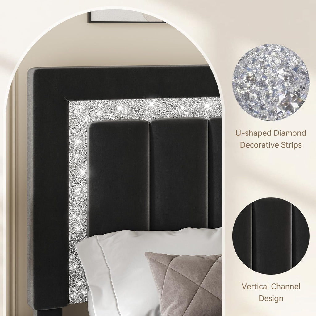 King Bed Frame with Headboard, Velvet King Size Bed Frame with Diamond Design Headboard and Footboard, Wooden Slats