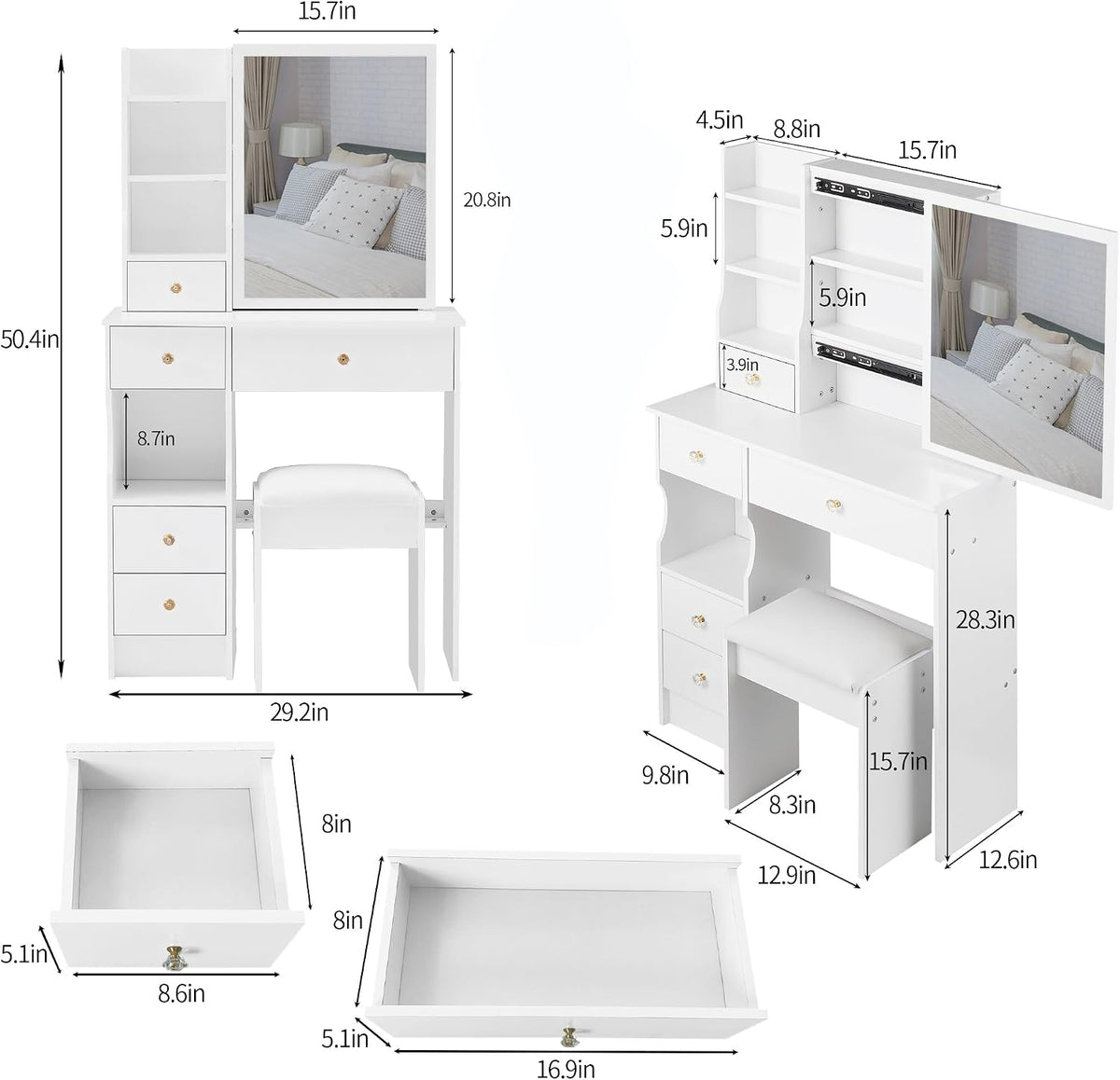 29.2" Small Space Makeup Vanity Table with Stool, Sliding Large Mirror Dressing Desk with Drawer Storage, Compact