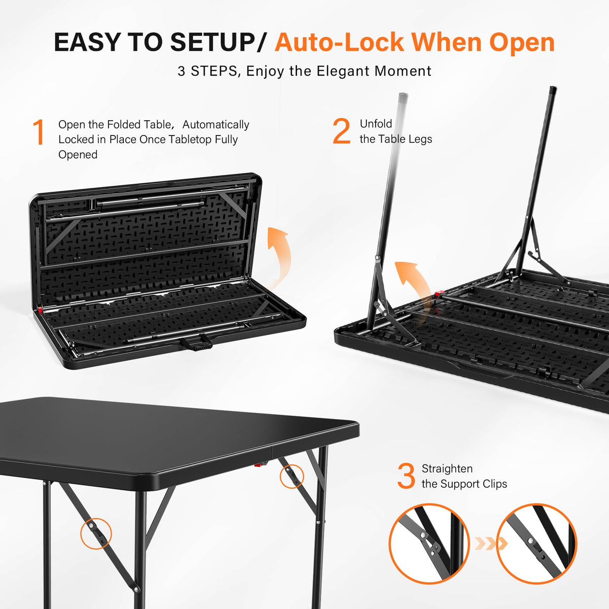 42" Fold in Half Square Table, Bi-Folding Commercial Portable Plastic Dining Table Outdoor Party Wedding Event, Black