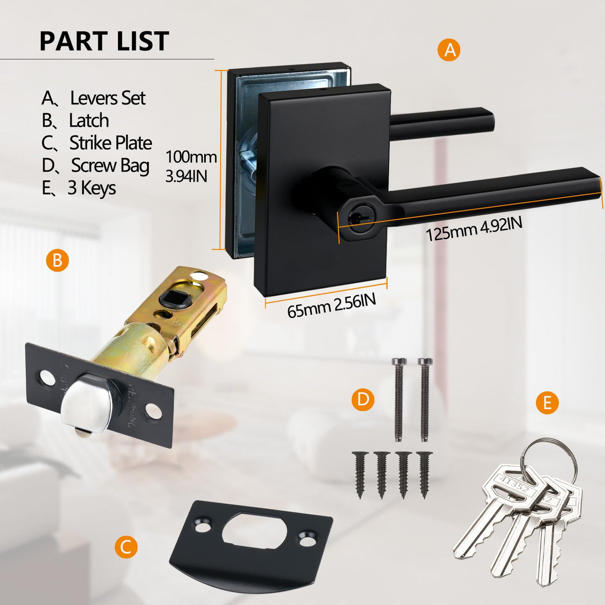 Long Plate Keyed Entry Lever Lock for Exterior Door and Front Door in Black,MDC894-DB-ET-6P