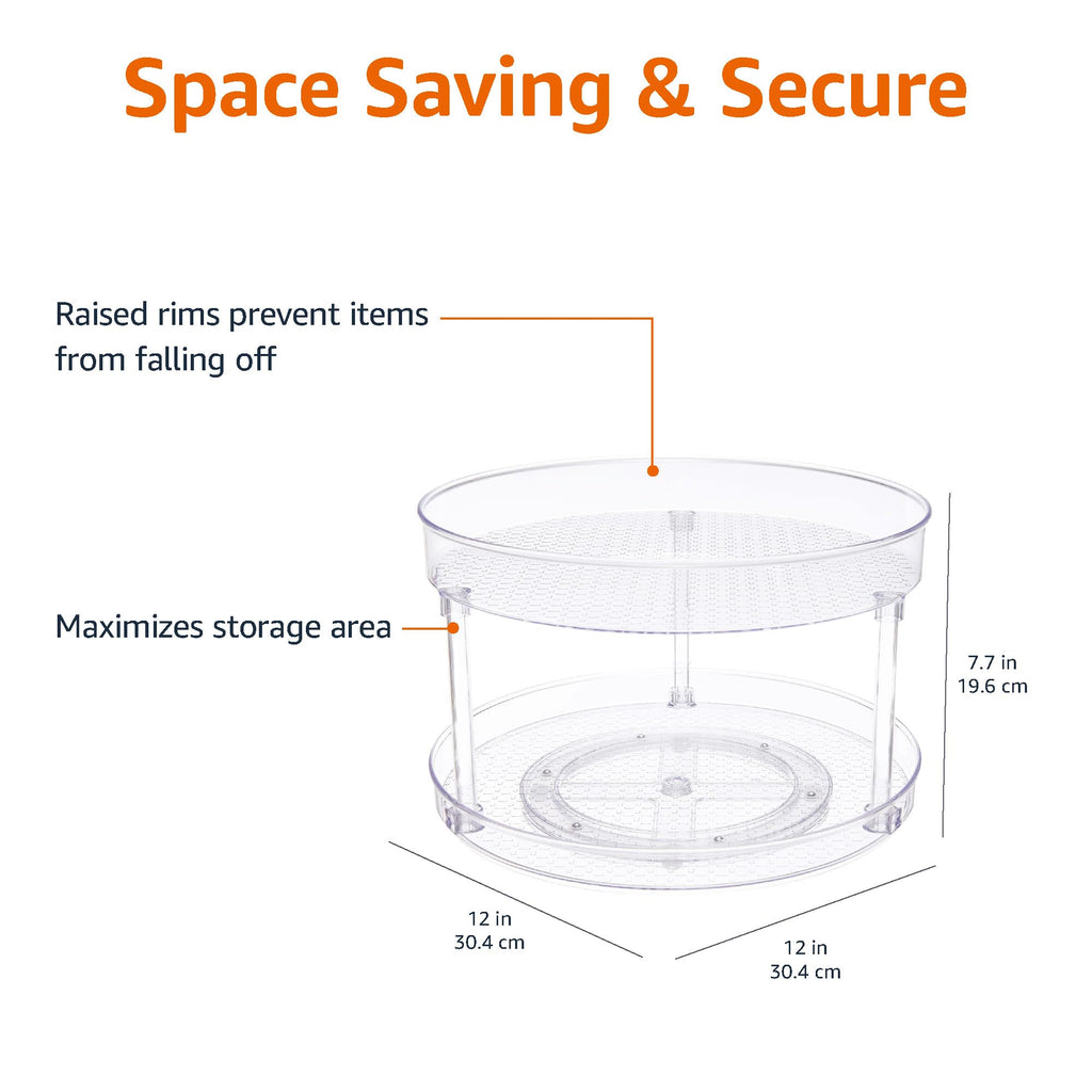 2 Tier Lazy Susan Turntable Organizer for Condiments, 12" Diameter, Clear