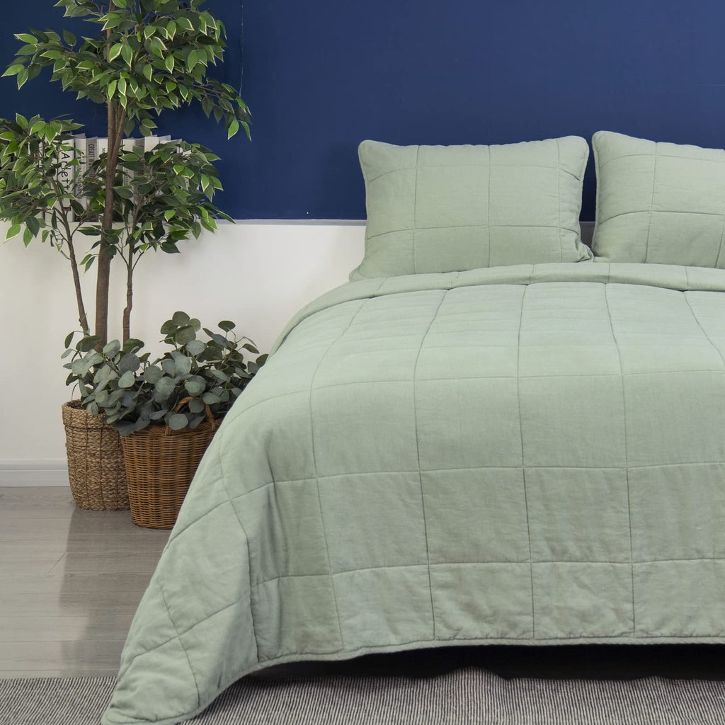 Stonewashed Linen Blend Box Stitch Quilt and Matching Pillow Shams 3pcs Set, Sage Color