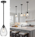 Glass Pendant Lights Kitchen Island, 1-Light Modern Black Pendant Light Fixtures with Hammered Glass and Rods, Small