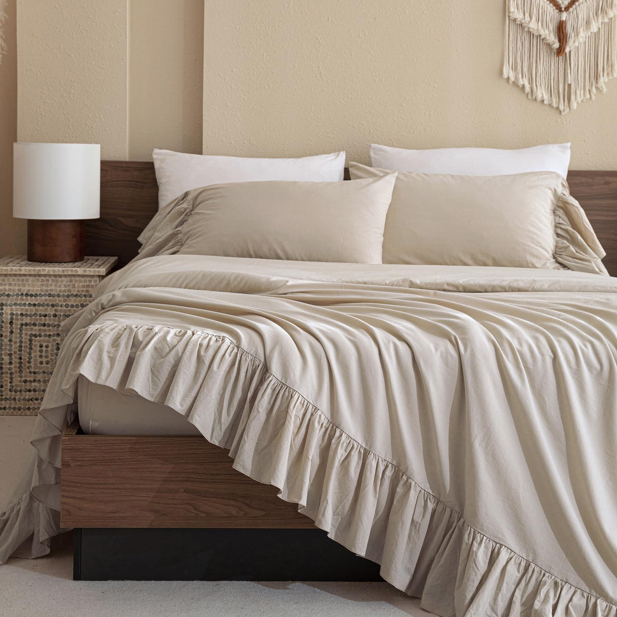 100% Cotton Sheet Set, Ruffle Bed Sheets Linen Feel Textured Farmhouse Shabby Vintage Chic Bedding 4 Pieces