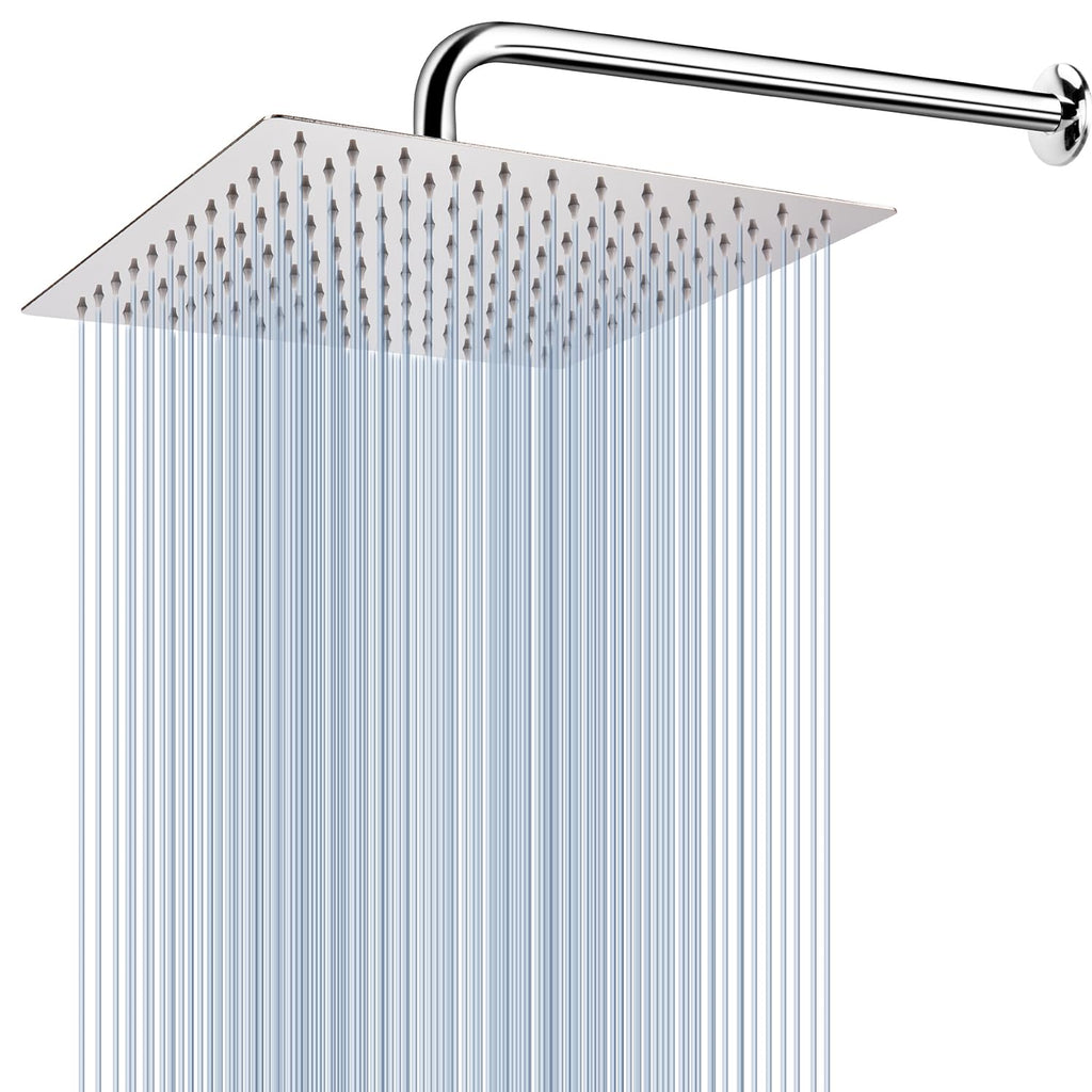 All Metal Shower Head with Extension Arm, Stainless Steel Waterfall Rainfall Showerhead, High Flow Bathroom Square