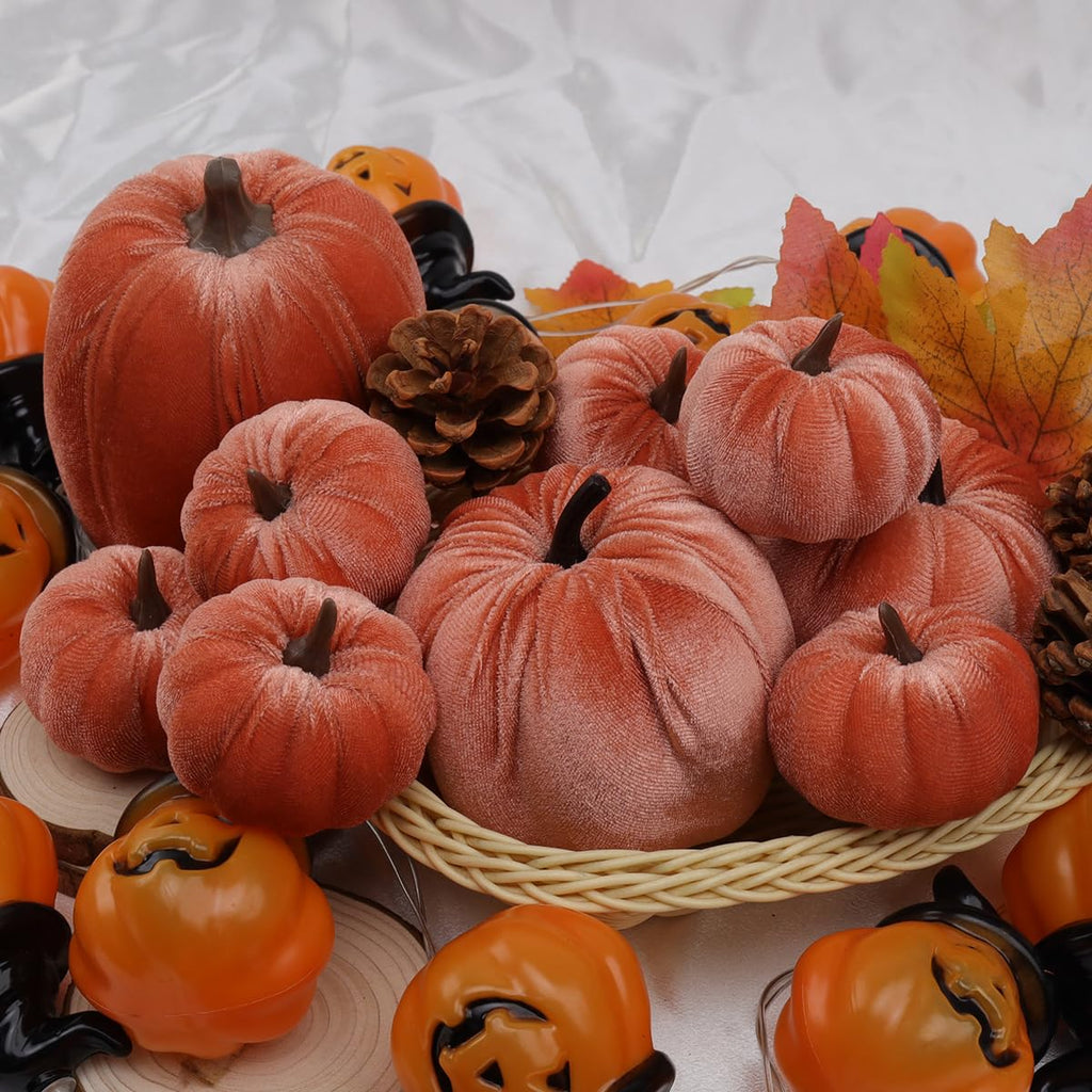 9Pcs Thanksgiving Velvet Pumpkins Decor Orange Small Faux Pumpkin