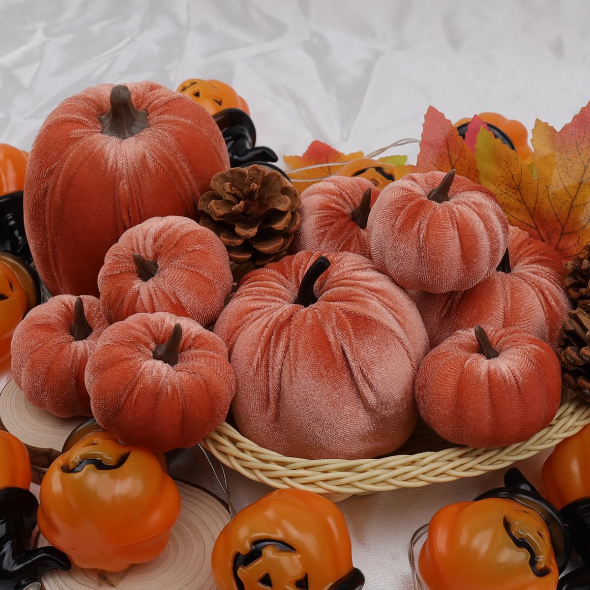 9Pcs Thanksgiving Velvet Pumpkins Decor Orange Small Faux Pumpkin