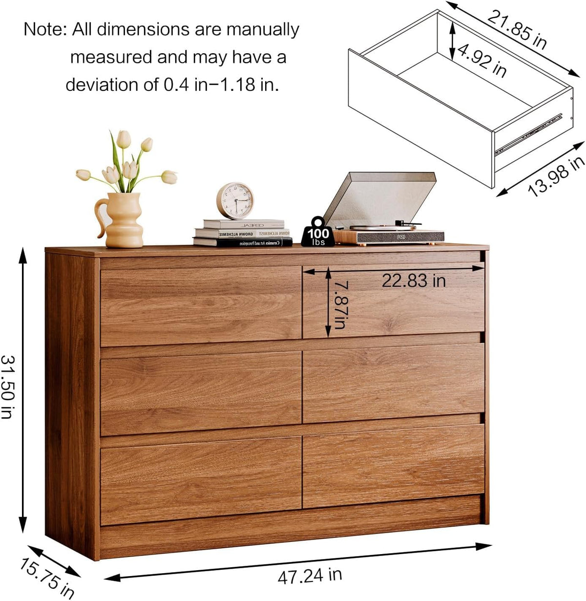 6 Drawer Dresser,47" Wide Mid Century Chest of Drawers,Wooden Bedroom Drawer Dresser with 6 Storage Drawers ,with