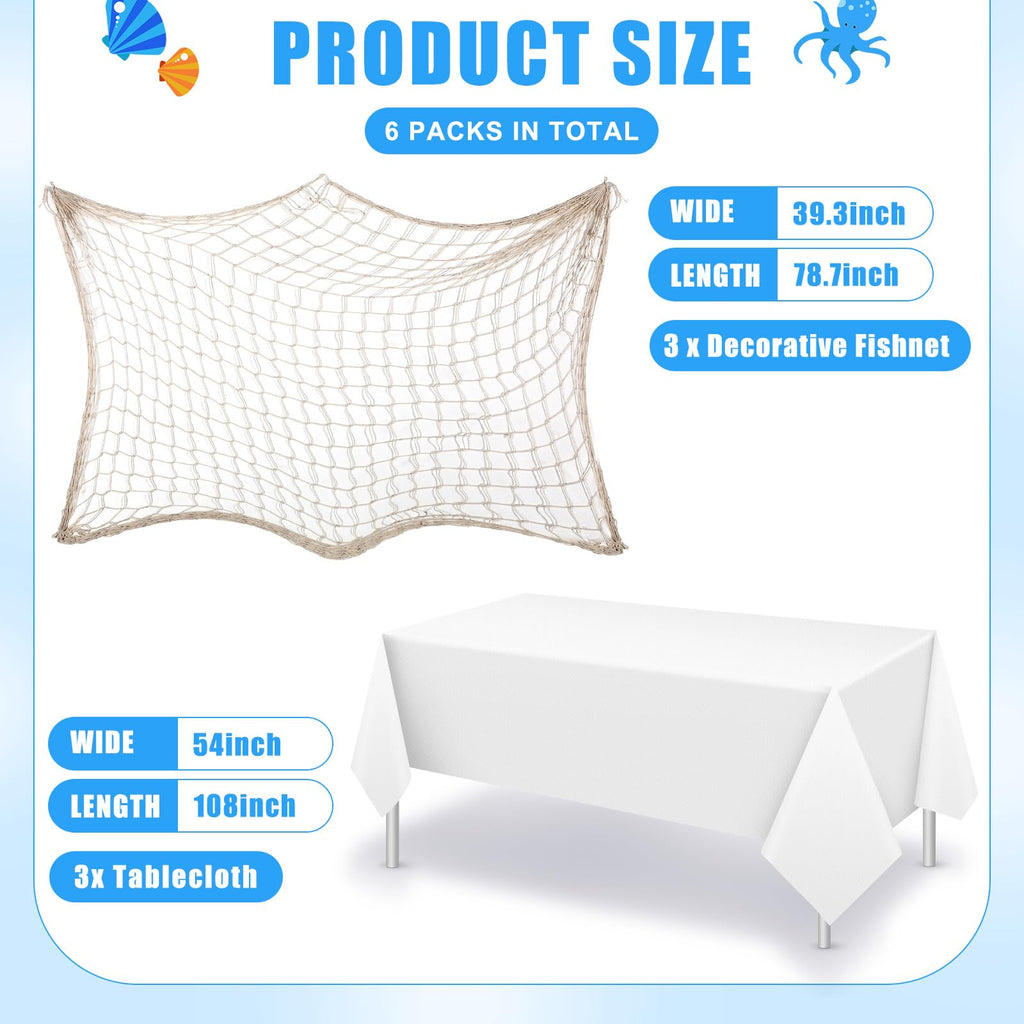 6 Pack Fish Net Decorative and Tablecloth Set, Cotton Fishnet and Plastic Table Cover Decorations Set for Nautical