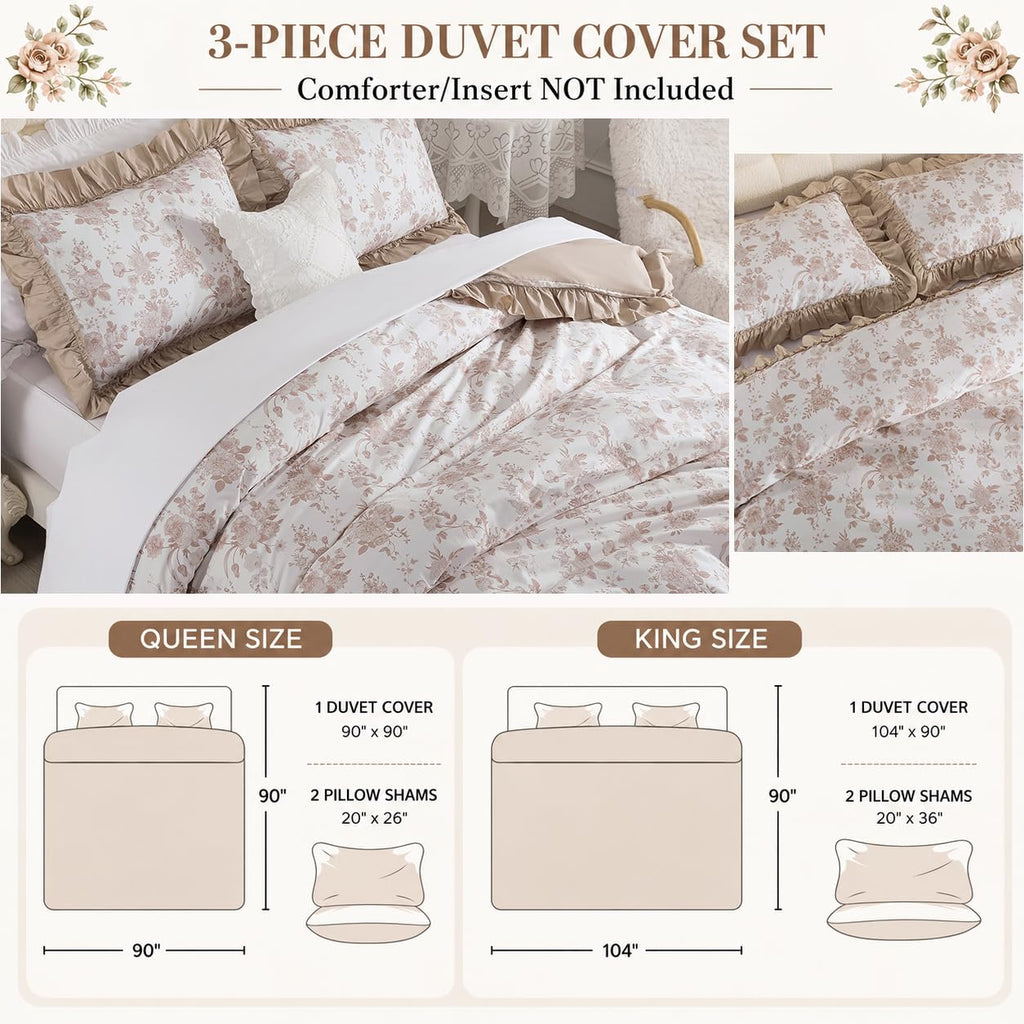 Ruffled Duvet Cover Set, 100% Cotton Brown Floral Bedding