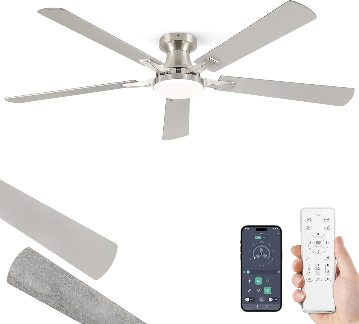 60 Inch Ceiling Fan with Light, App&Remote Control, Flush Mount Low Profile, Dimmable 20W LED Light, Quiet Reversible Motor for Bedroom, Living Room, Apartment, Nickel