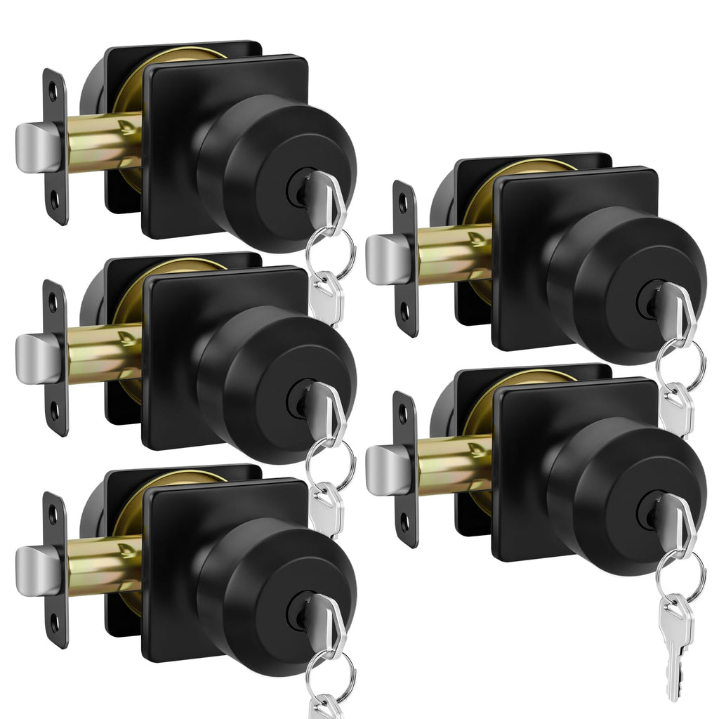 Black Entry Door Knobs with Lock and Key, Exterior Door Knobs 5 Pack