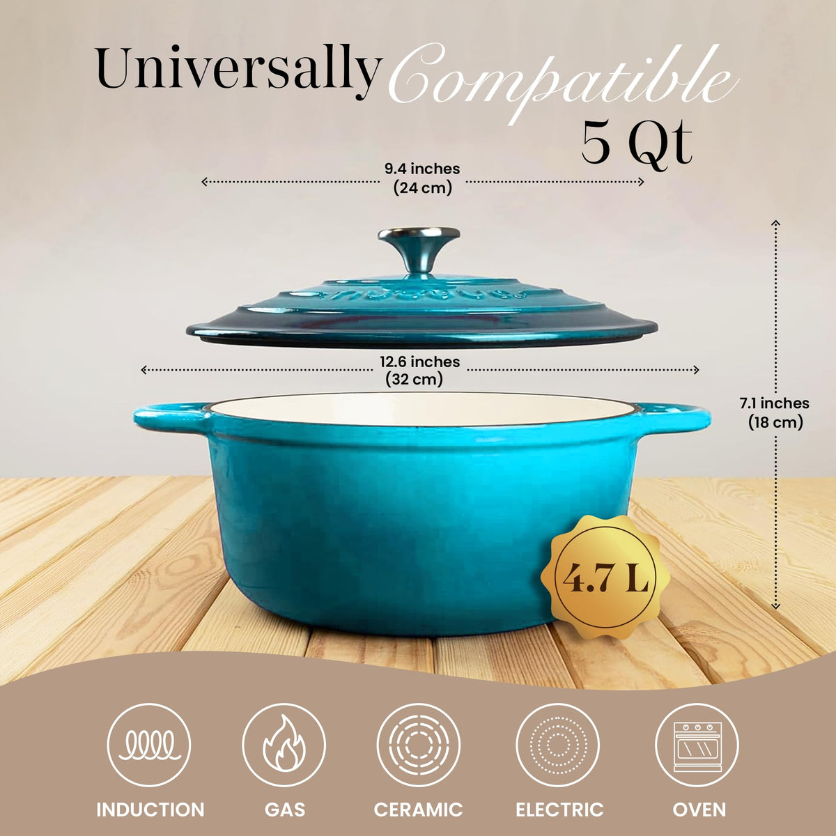 Cast Iron Pot with Lid - Non-Stick Ovenproof Enamelled Casserole Pot, Oven Safe up to 500° F-Sturdy Dutch Oven