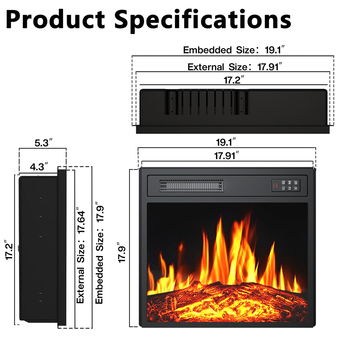 18 Inch Electric Fireplace Insert with LED Realistic Flame, 750/1500W