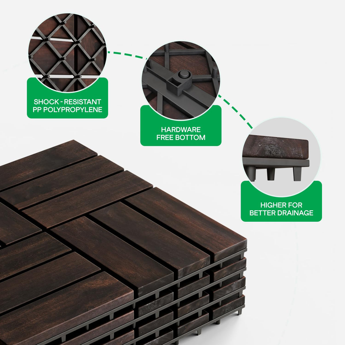 Interlocking Deck Tiles 9.6 SQFT - 10PCS Waterproof Acacia Wood Patio Tiles, Flooring Tiles for Indoor and Outdoor