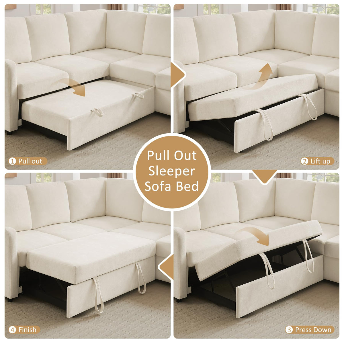 7 Seater 112'' Sectional Sleeper Sofa with Storage, Chenille Beige
