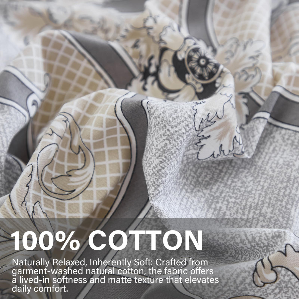 100% Natural Cotton Duvet Cover Set King 3 Pcs Grayish Duvet Cover with Luxurious Damask Pattern, Reversible